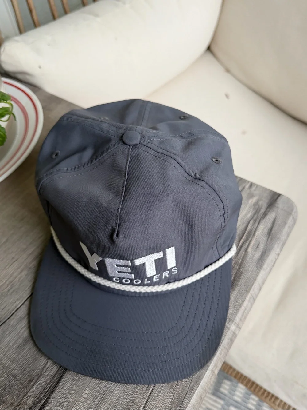 Yeti Coolers Cap Hat with White Rope Trim Snap Back Gray White Rope Embroidered